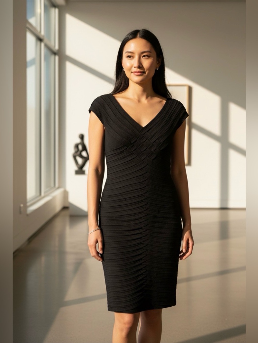 Tadashi Shoji Black Shutter Pleated
Tiered Evening Cocktail Dress